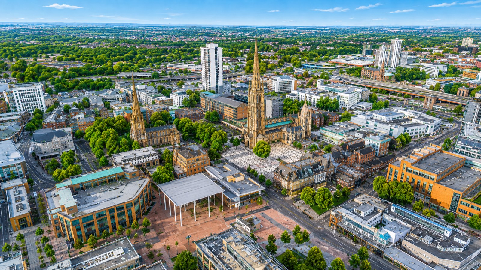 Aerial view of Coventry city centre and cathedral spire