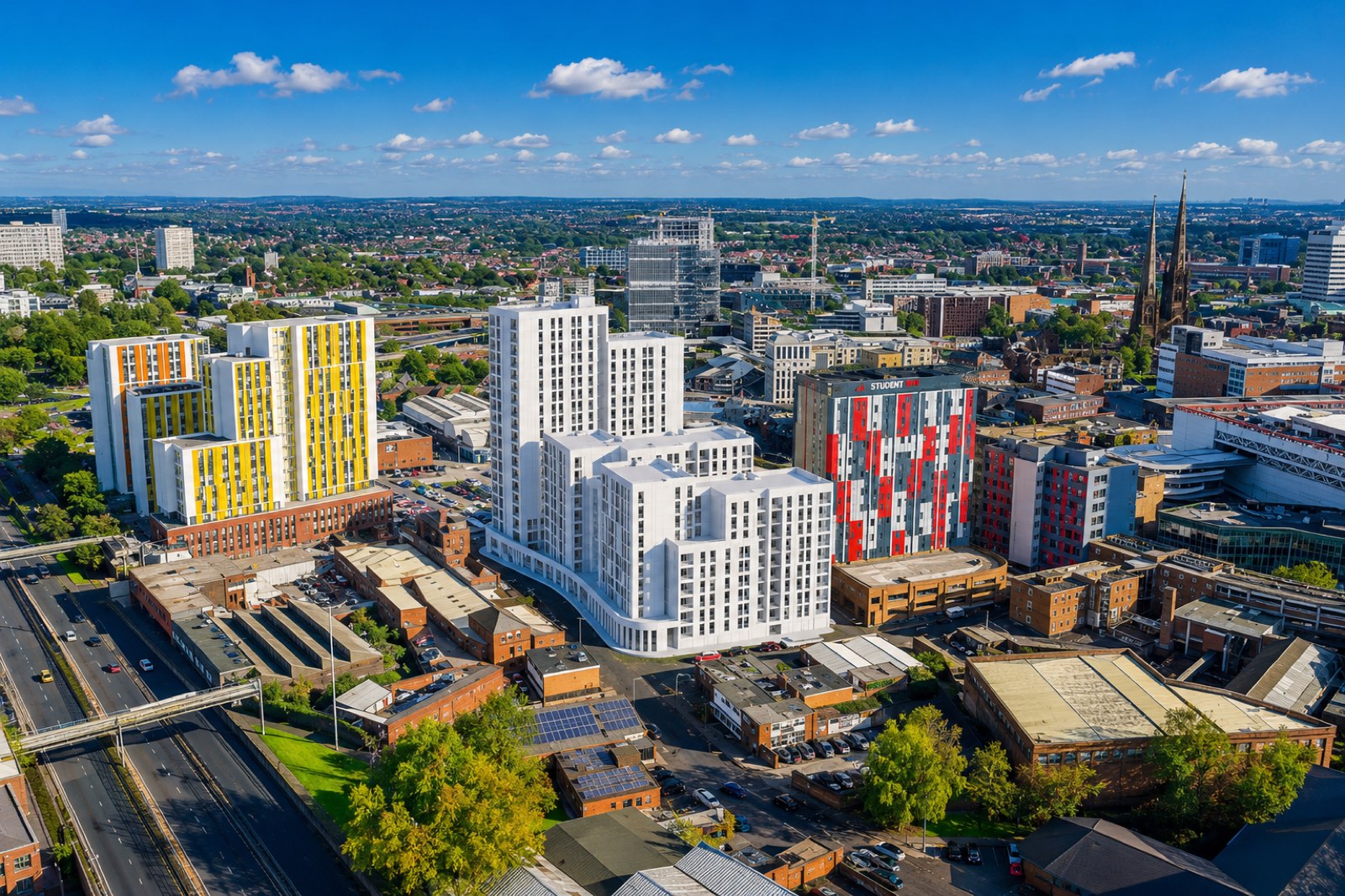 Modern student accommodation towers in Coventry