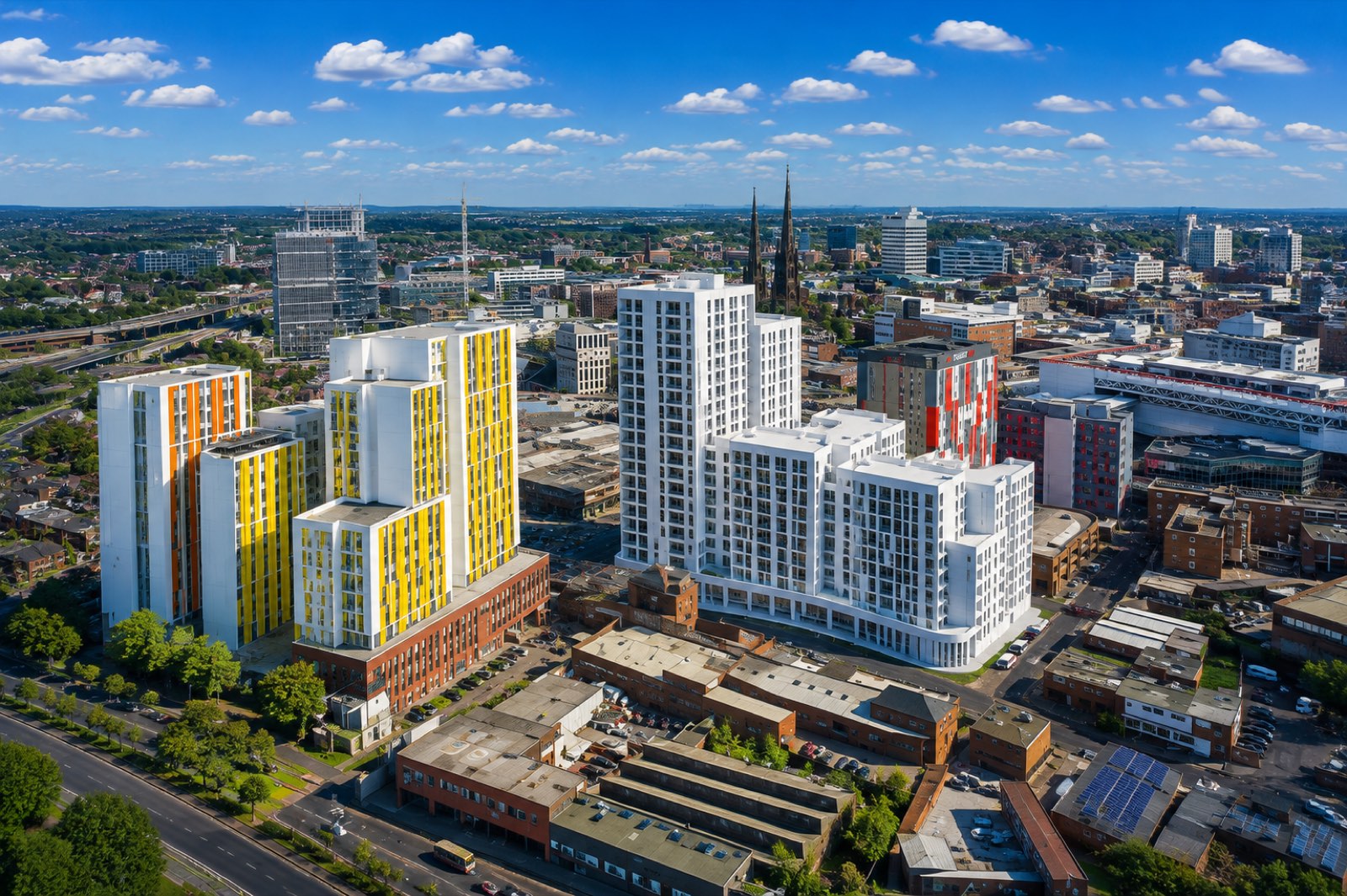 Modern student accommodation towers in Coventry